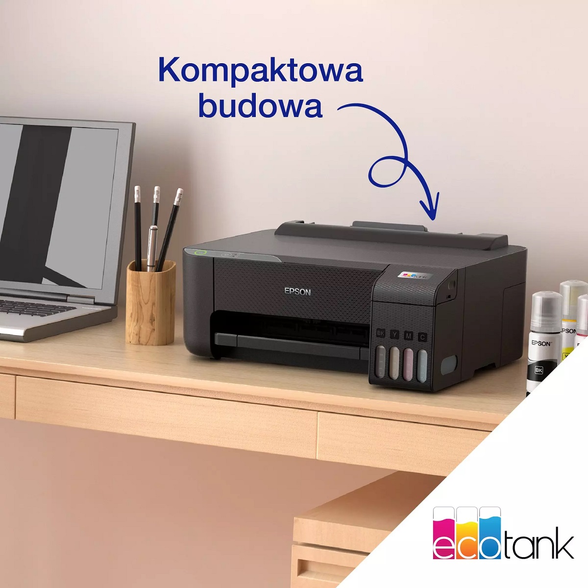 Drukarka atramentowa Epson EcoTank L1230 czarna grafika przedstawia kompaktowy rozmiar drukarki